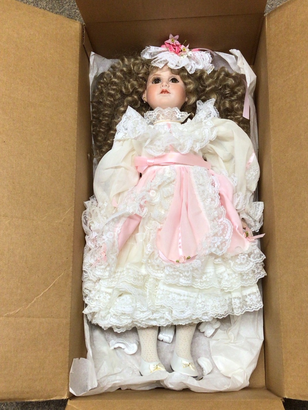 Porcelain Victorian Style Doll with Pink Accents